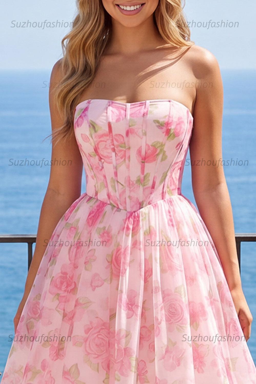 Suzhoufashion Pink Floral Strapless Corset A-Line Short Homecoming Dress