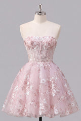 Suzhoufashion Pink Floral Strapless Corset A-Line Short Homecoming Dress