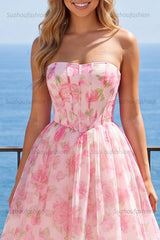 Suzhoufashion Pink Floral Strapless Corset A-Line Short Homecoming Dress