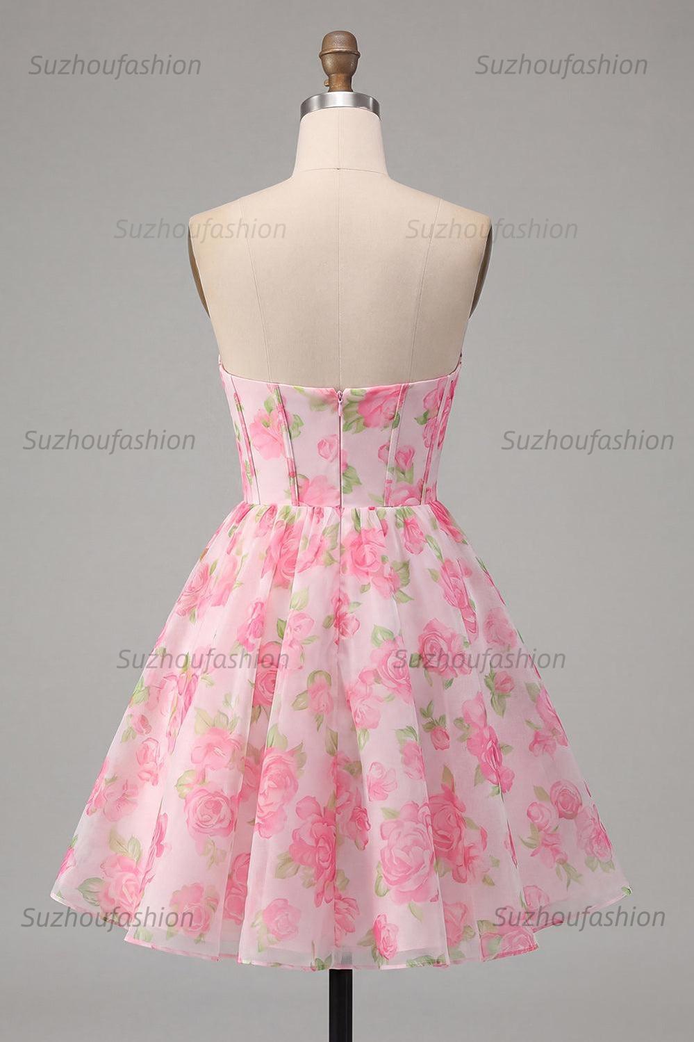 Suzhoufashion Pink Floral Strapless Corset A-Line Short Homecoming Dress