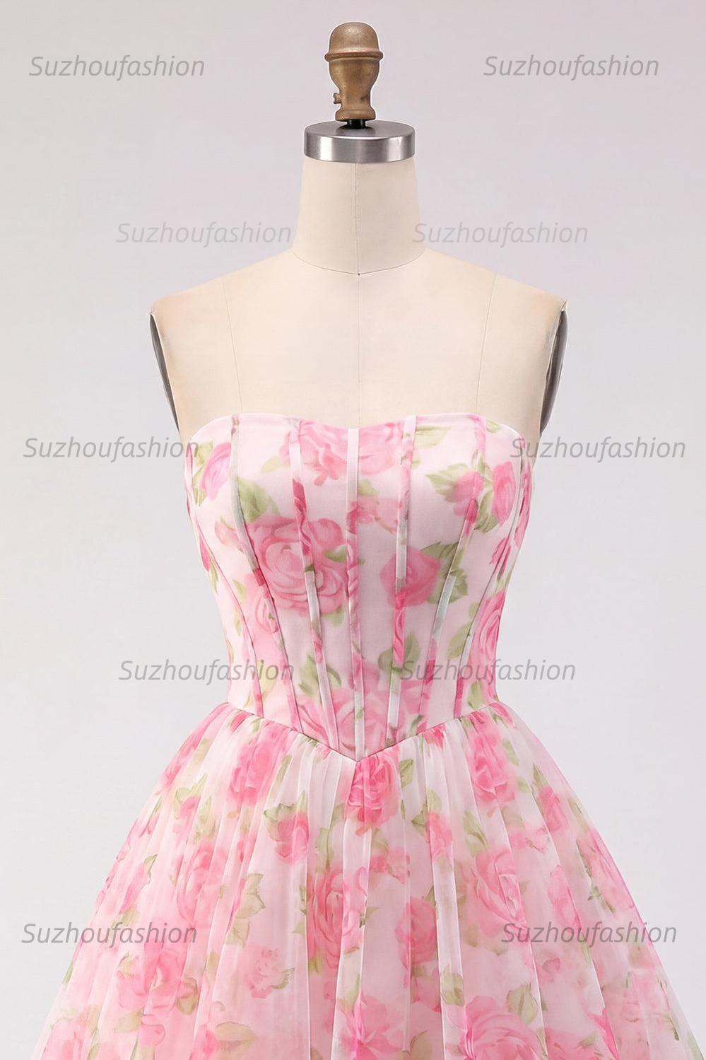 Suzhoufashion Pink Floral Strapless Corset A-Line Short Homecoming Dress