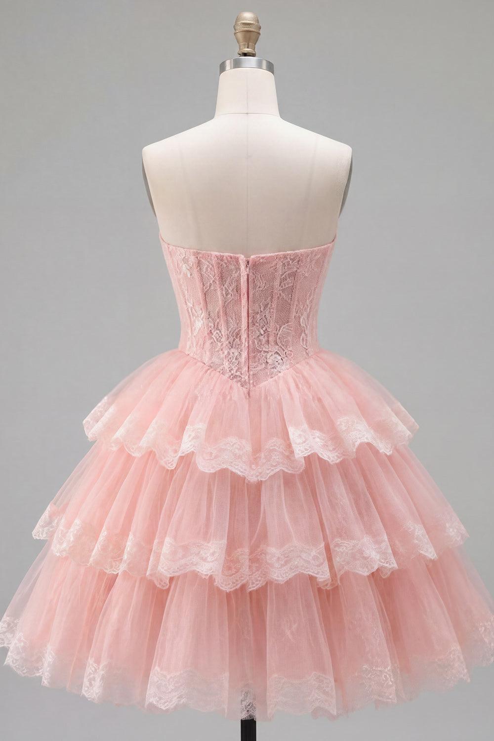 Suzhoufashion Pink Floral Strapless Lace Corset Short Homecoming Dress with Ruffles
