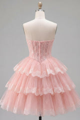 Suzhoufashion Pink Floral Strapless Lace Corset Short Homecoming Dress with Ruffles