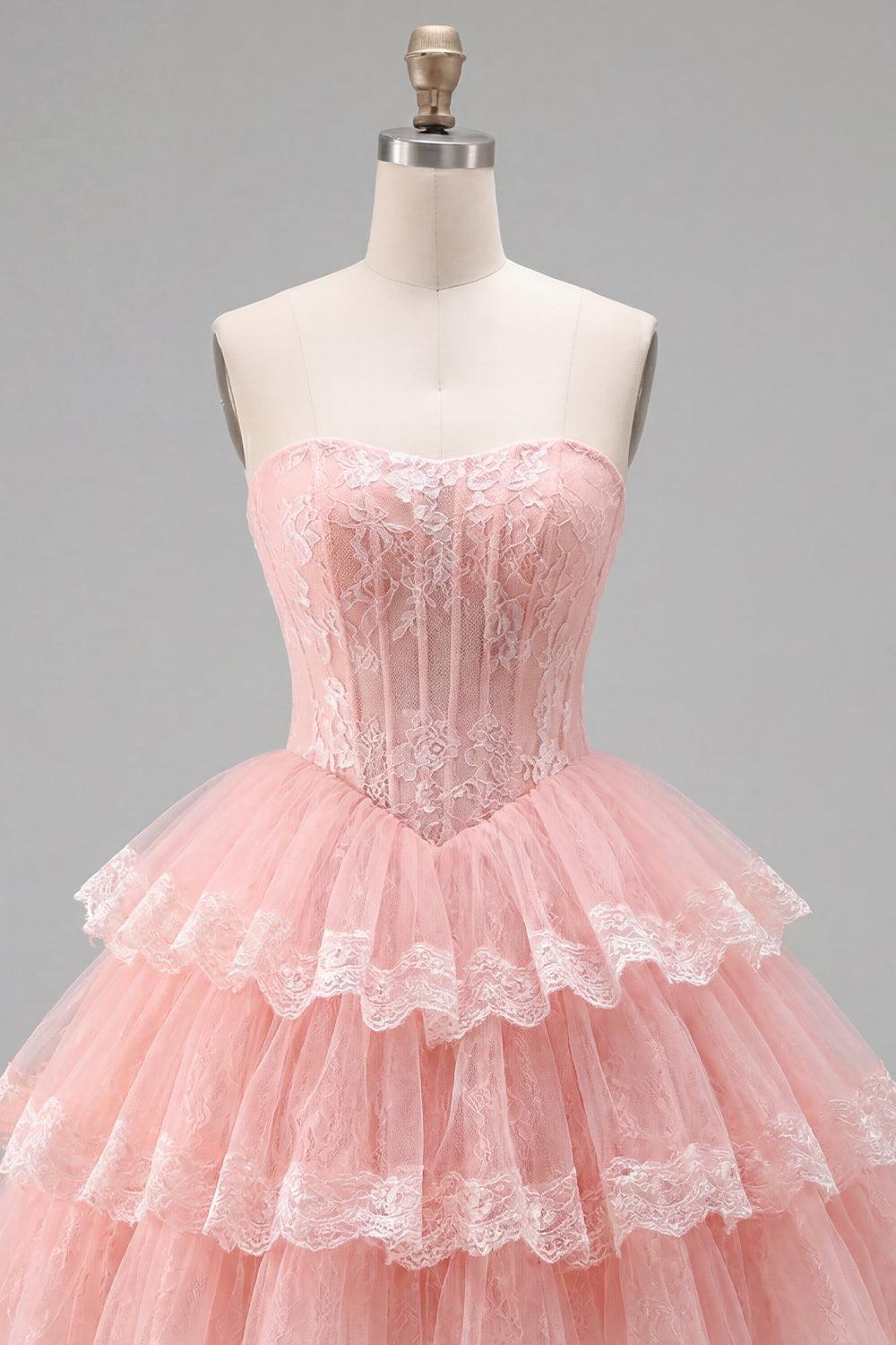 Suzhoufashion Pink Floral Strapless Lace Corset Short Homecoming Dress with Ruffles