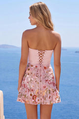 Suzhoufashion Pink Floral Strapless Ruched A-Line Corset Short Homecoming Dress