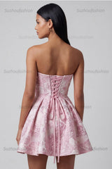 Suzhoufashion Pink Floral Strapless Ruffled A-Line Corset Short Cocktail Dress with Bow