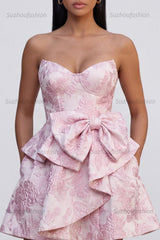 Suzhoufashion Pink Floral Strapless Ruffled A-Line Corset Short Cocktail Dress with Bow