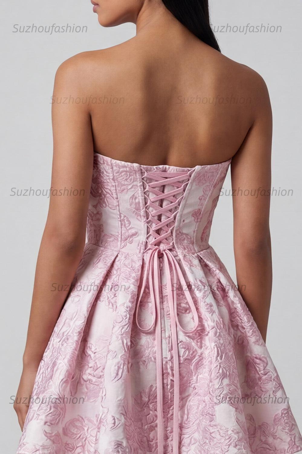 Suzhoufashion Pink Floral Strapless Ruffled A-Line Corset Short Cocktail Dress with Bow
