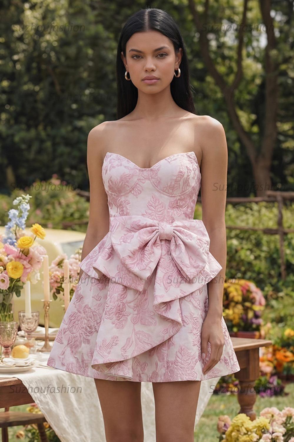 Suzhoufashion Pink Floral Strapless Ruffled A-Line Corset Short Cocktail Dress with Bow