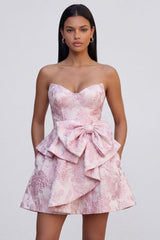 Suzhoufashion Pink Floral Strapless Ruffled A-Line Corset Short Cocktail Dress with Bow