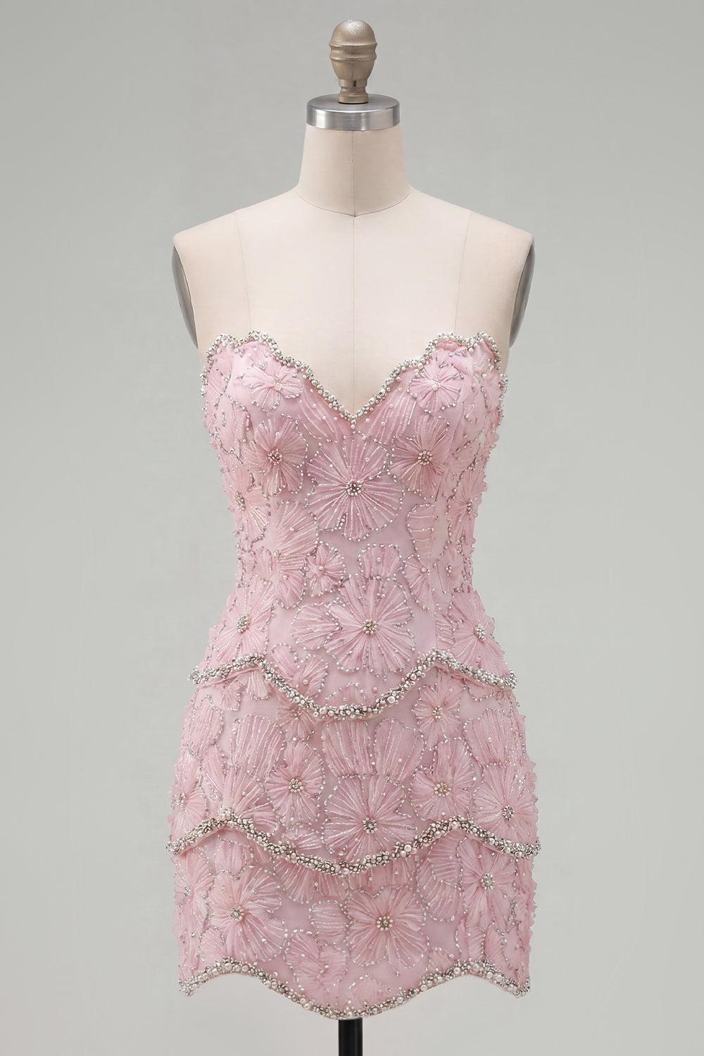 Suzhoufashion Pink Floral Strapless Tight Short Homecoming Dress with Pearl Details
