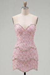 Suzhoufashion Pink Floral Strapless Tight Short Homecoming Dress with Pearl Details