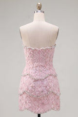 Suzhoufashion Pink Floral Strapless Tight Short Homecoming Dress with Pearl Details