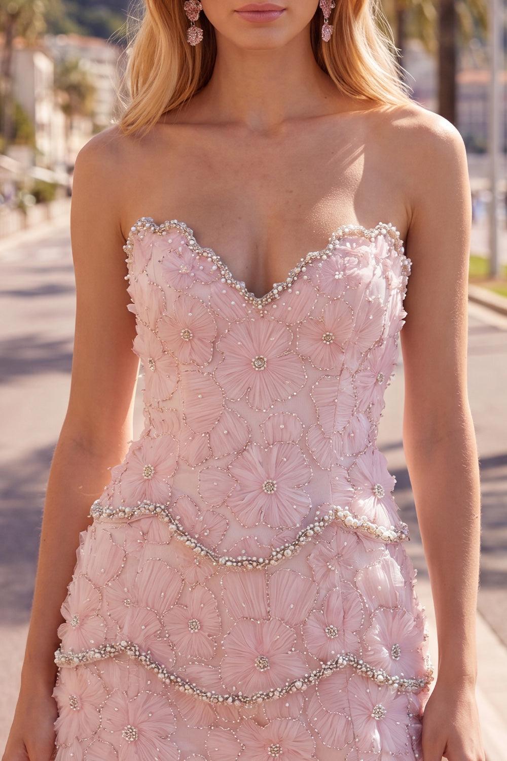 Suzhoufashion Pink Floral Strapless Tight Short Homecoming Dress with Pearl Details