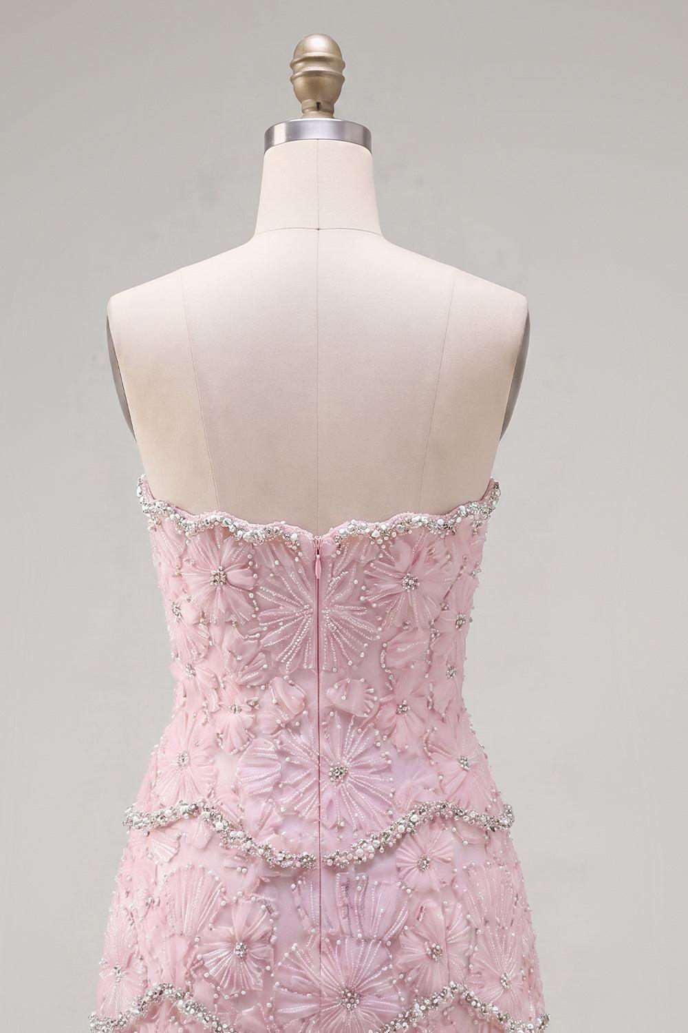 Suzhoufashion Pink Floral Strapless Tight Short Homecoming Dress with Pearl Details