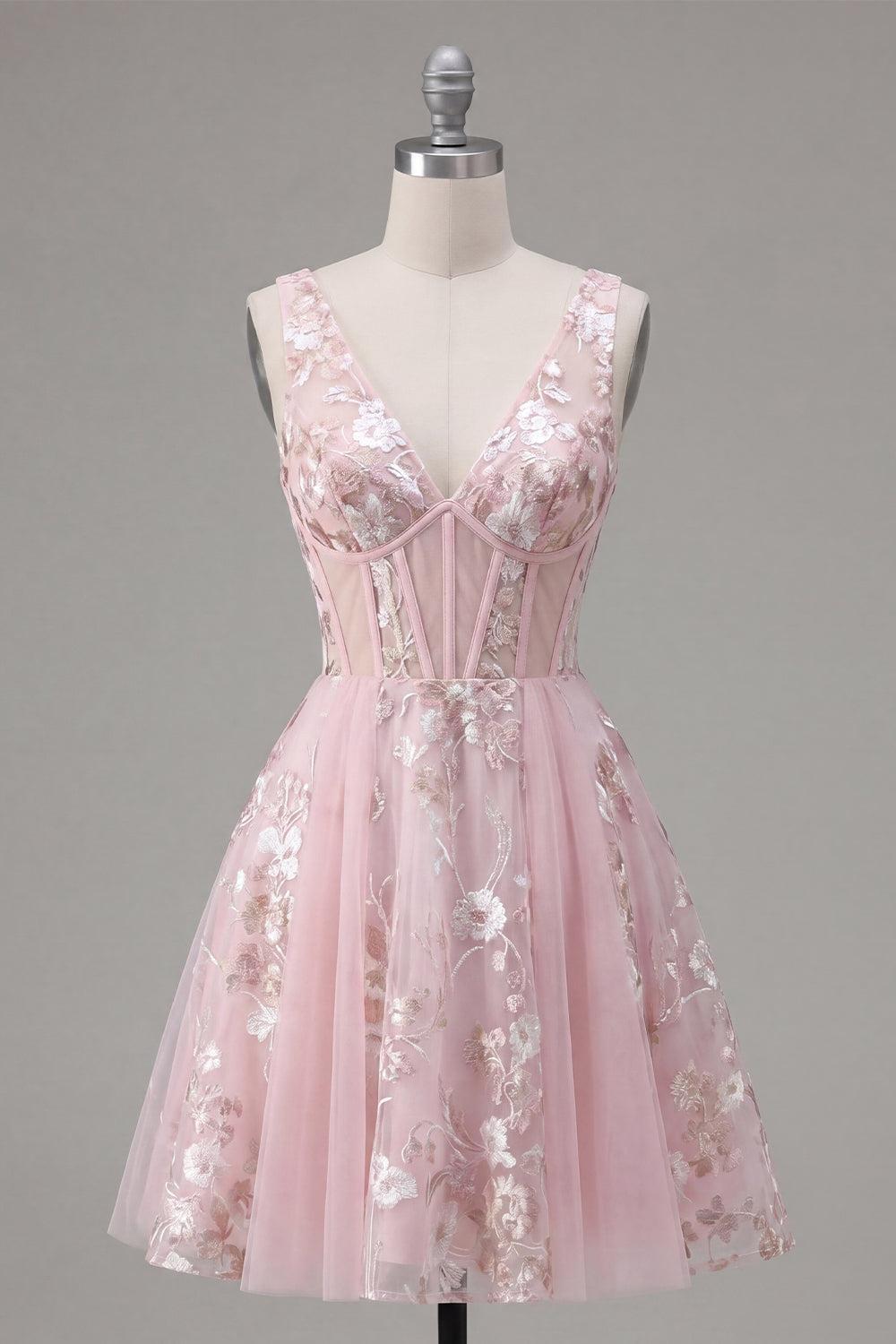 Suzhoufashion Pink Floral V-Neck A-Line Corset Short Homecoming Dress