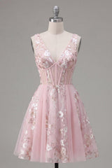 Suzhoufashion Pink Floral V-Neck A-Line Corset Short Homecoming Dress