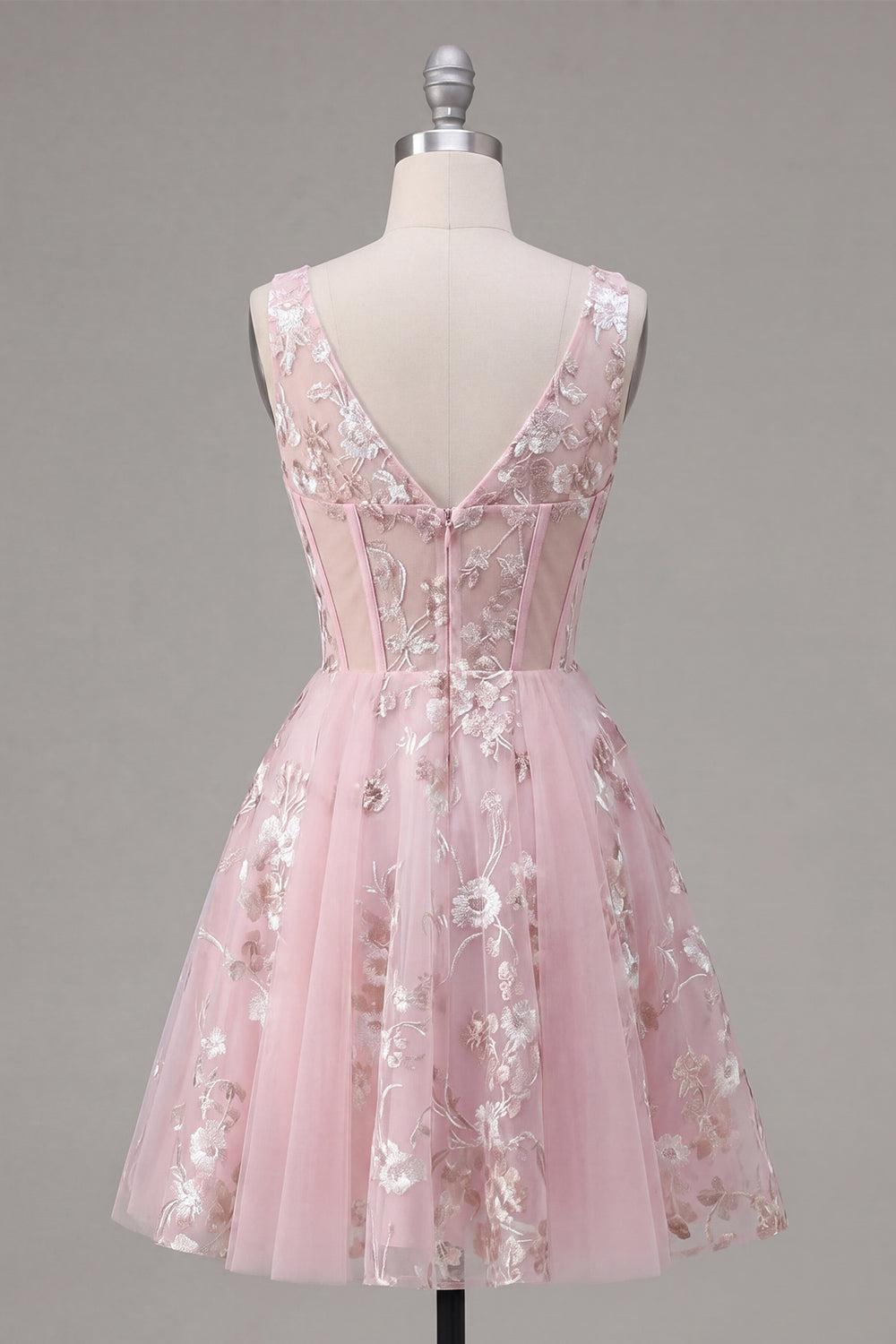 Suzhoufashion Pink Floral V-Neck A-Line Corset Short Homecoming Dress
