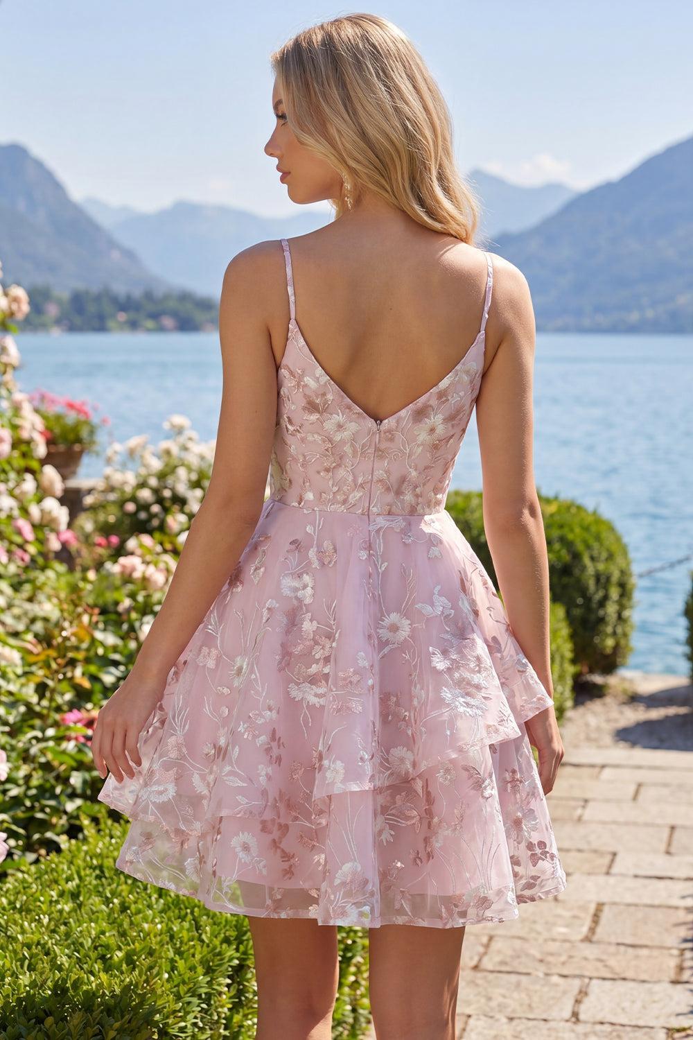 Suzhoufashion Pink Floral V-Neck A-Line Ruffled Short Corset Homecoming Dress