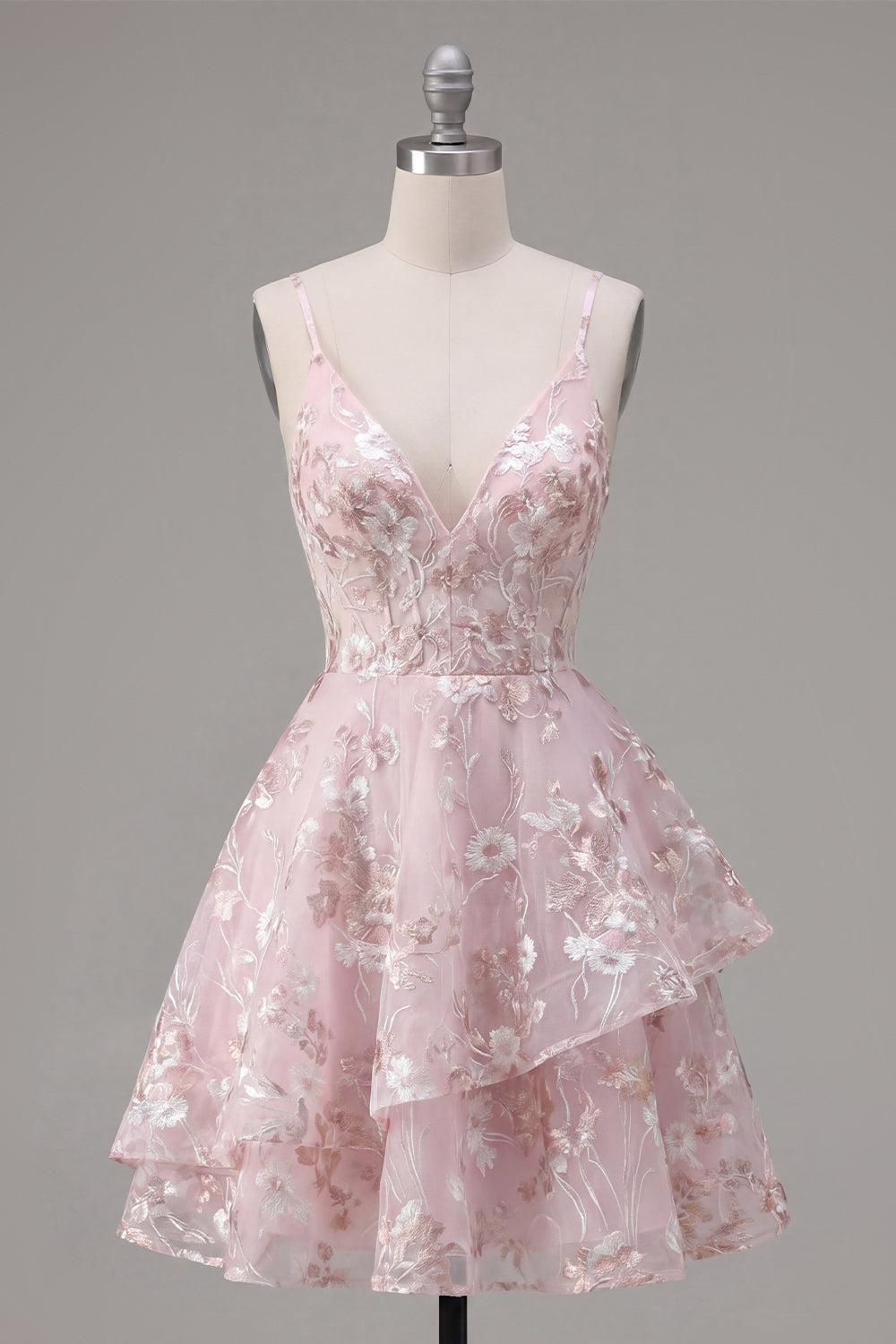 Suzhoufashion Pink Floral V-Neck A-Line Ruffled Short Corset Homecoming Dress