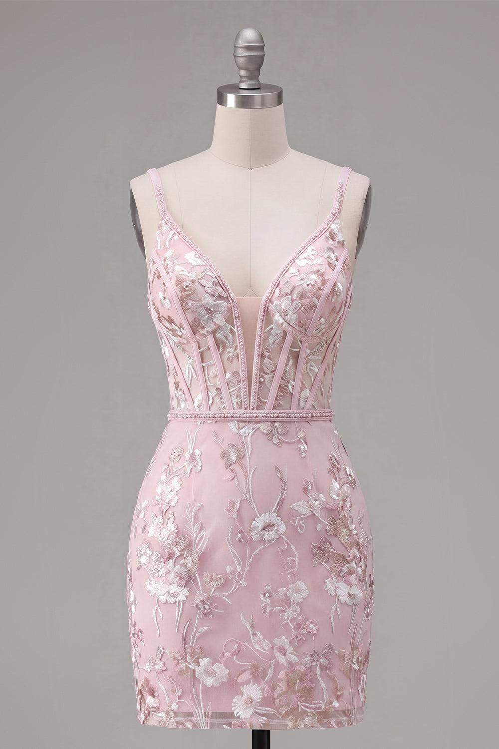 Suzhoufashion Pink Floral V-Neck Beaded Tight Short Corset Homecoming Dress
