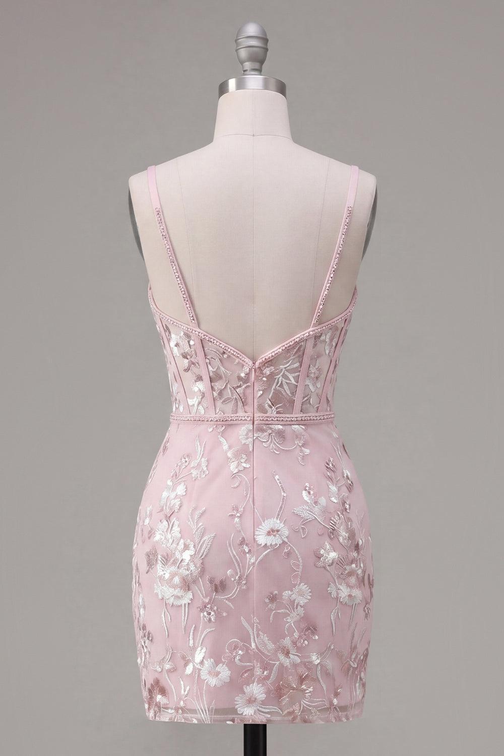 Suzhoufashion Pink Floral V-Neck Beaded Tight Short Corset Homecoming Dress