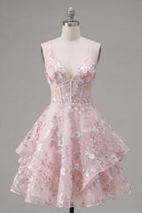 Suzhoufashion Pink Floral V-Neck Cut-Out Ruffled A-Line Corset Short Homecoming Dress