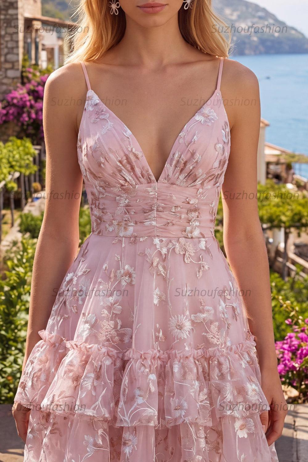 Suzhoufashion Pink Floral V-Neck Ruched Tiered Ruffled A-Line Short Homecoming Dress