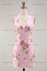 Suzhoufashion Pink Halter Floral Beaded Backless Tight Short Homecoming Dress
