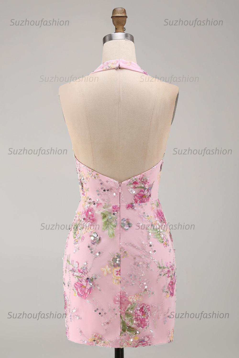 Suzhoufashion Pink Halter Floral Beaded Backless Tight Short Homecoming Dress