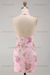 Suzhoufashion Pink Halter Floral Beaded Backless Tight Short Homecoming Dress