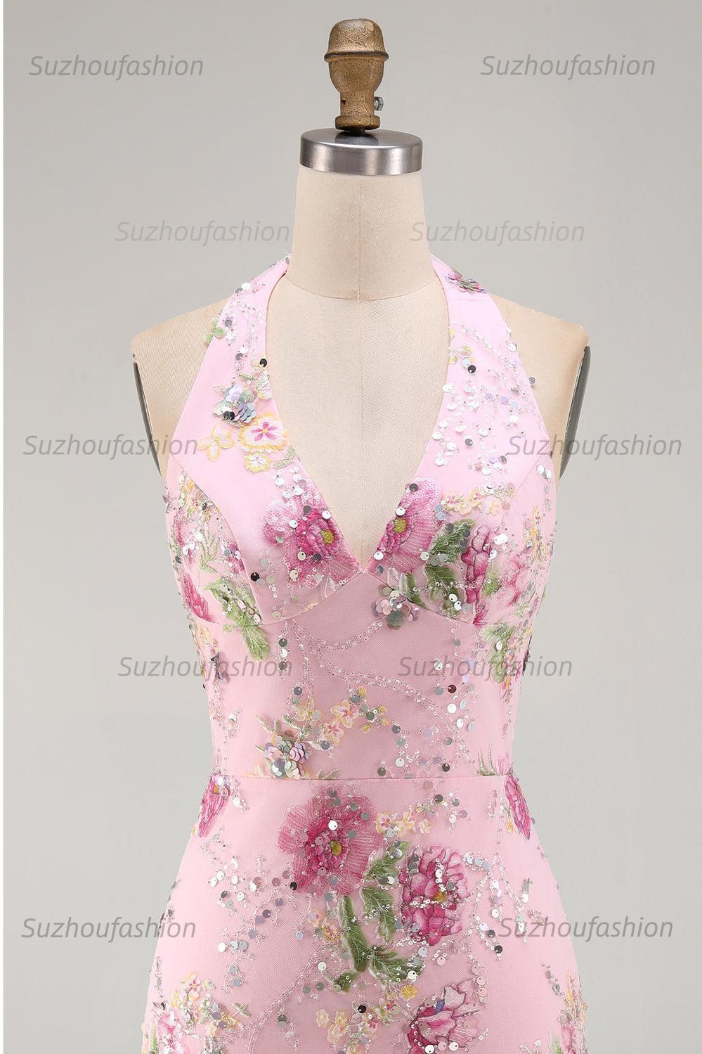 Suzhoufashion Pink Halter Floral Beaded Backless Tight Short Homecoming Dress