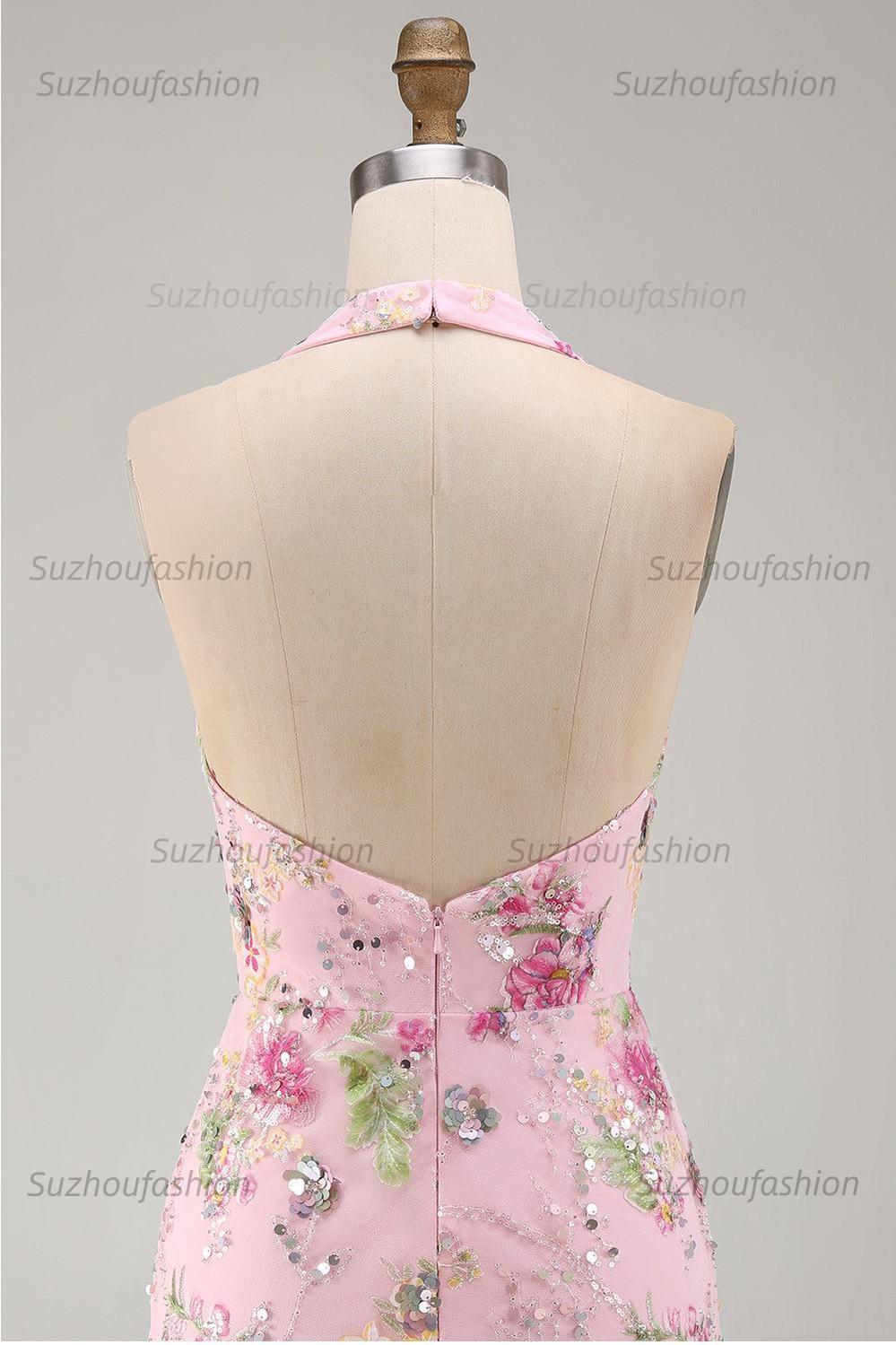 Suzhoufashion Pink Halter Floral Beaded Backless Tight Short Homecoming Dress