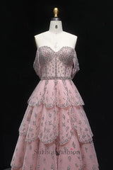 Suzhoufashion Pink Off The Shoulder Prom Dress A Line Tiered Beaded Formal Dress