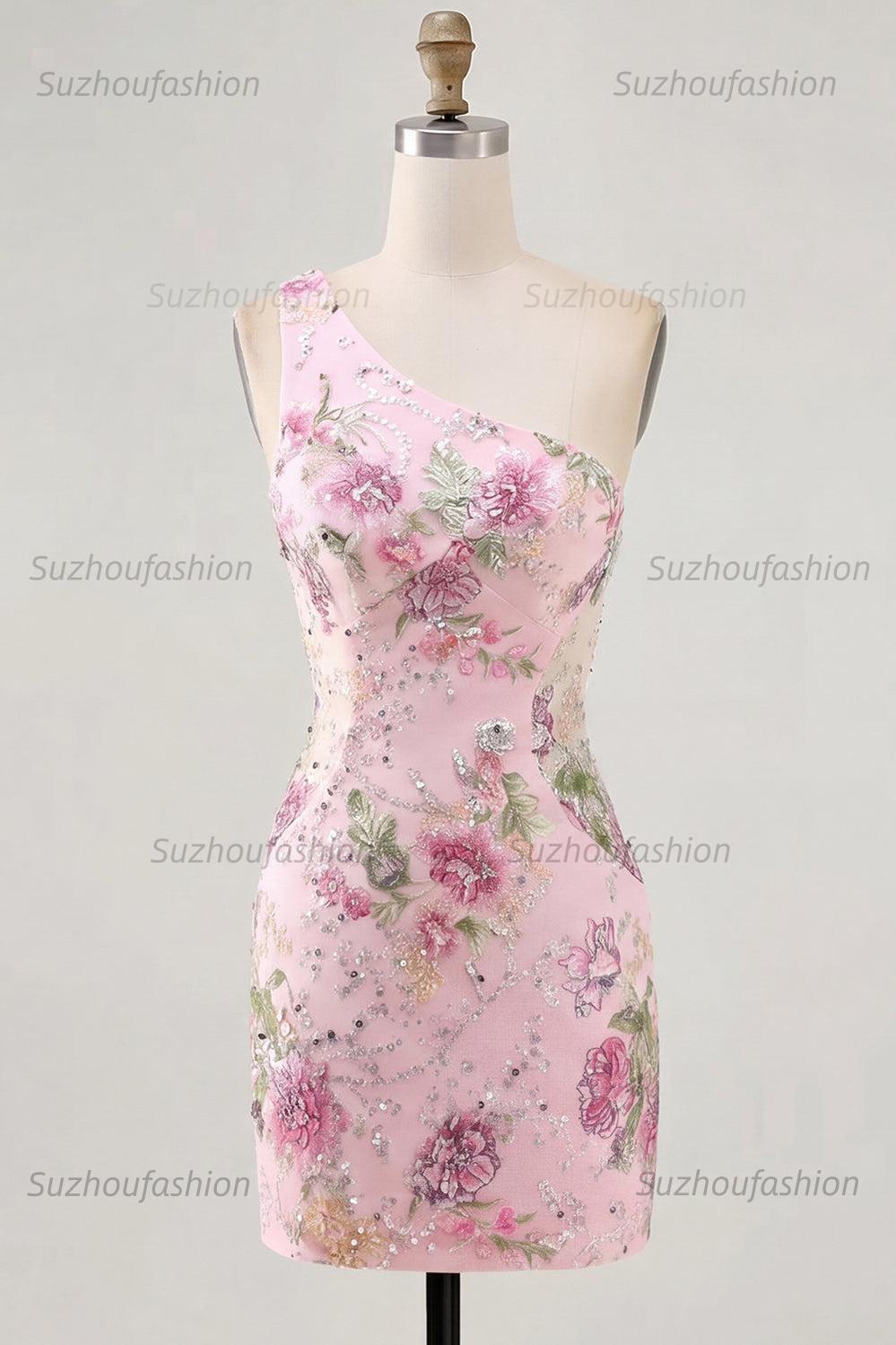 Suzhoufashion Pink One-Shoulder Floral Beaded Tight Short Homecoming Dress