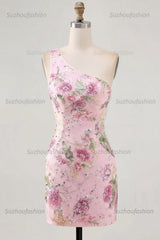 Suzhoufashion Pink One-Shoulder Floral Beaded Tight Short Homecoming Dress