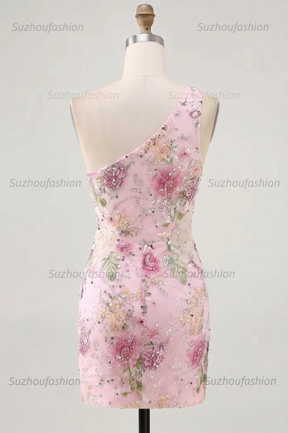 Suzhoufashion Pink One-Shoulder Floral Beaded Tight Short Homecoming Dress