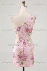 Suzhoufashion Pink One-Shoulder Floral Beaded Tight Short Homecoming Dress