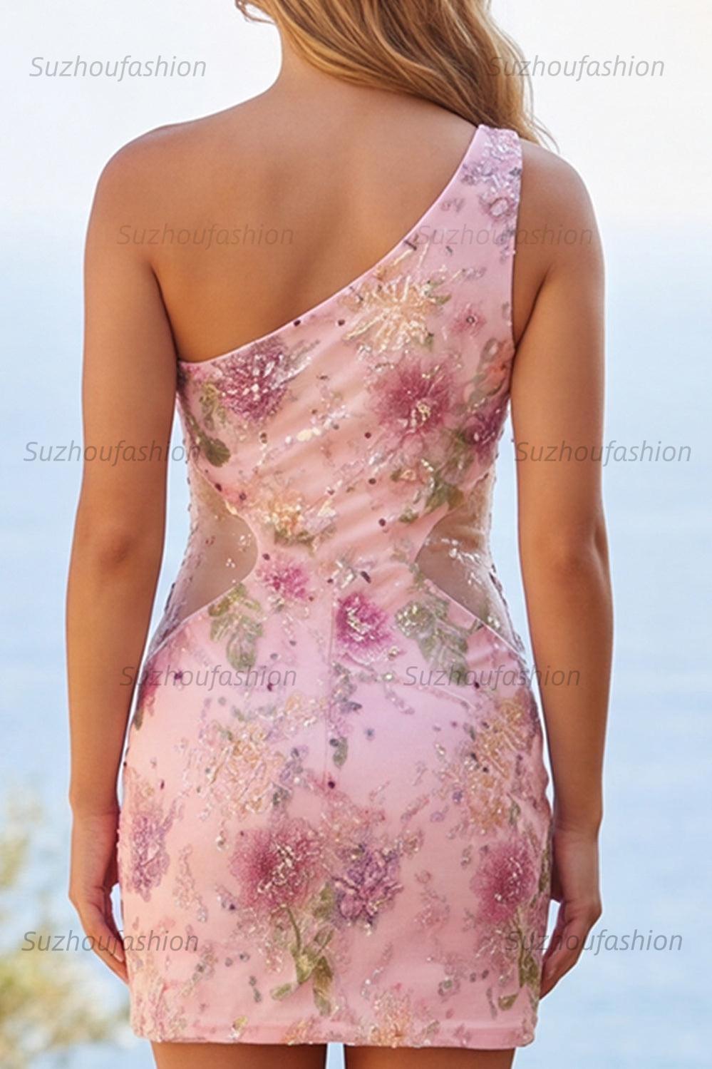 Suzhoufashion Pink One-Shoulder Floral Beaded Tight Short Homecoming Dress