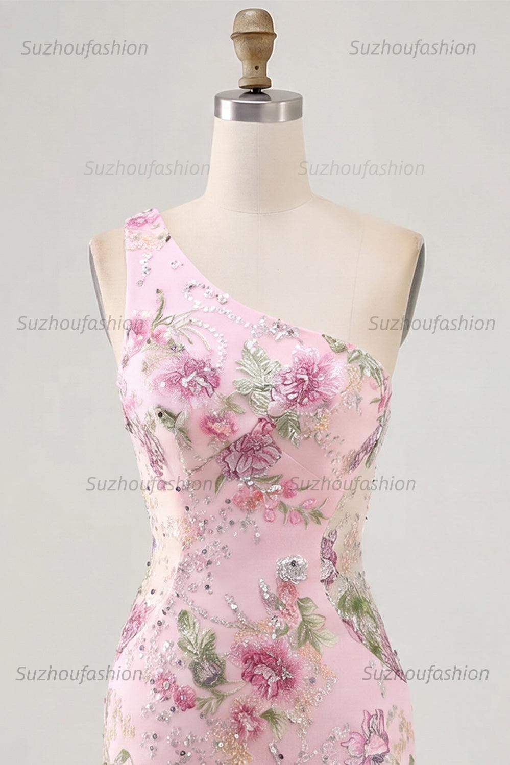 Suzhoufashion Pink One-Shoulder Floral Beaded Tight Short Homecoming Dress