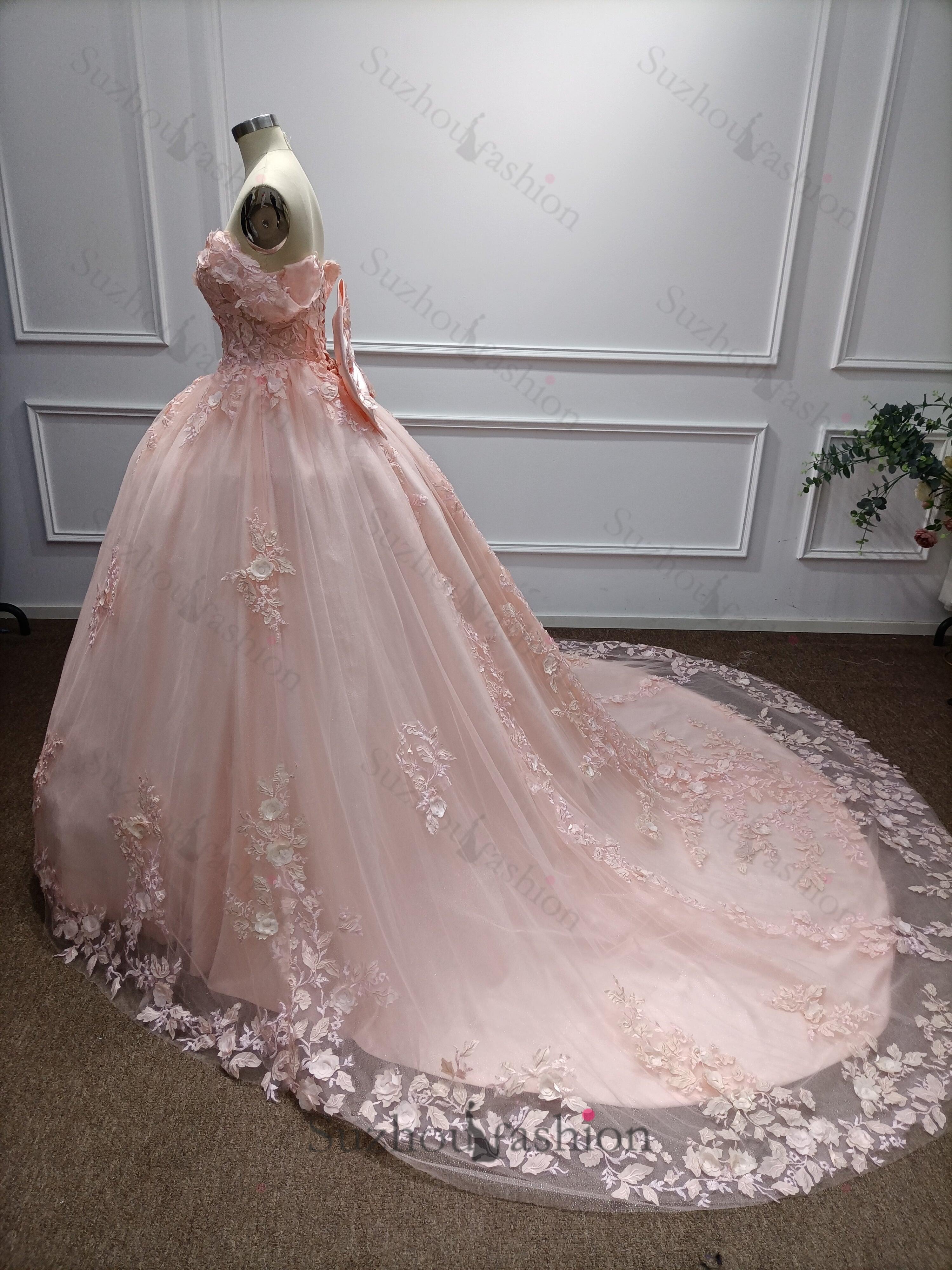 open lace back dress A Line Light Pink Tulle Prom Dress Puffy Quinceanera Dresses Ball Gown –  formalgowns main image 1