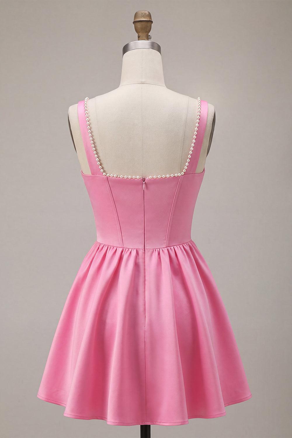 Suzhoufashion Pink Satin A-Line Corset Beaded Short Homecoming Dress