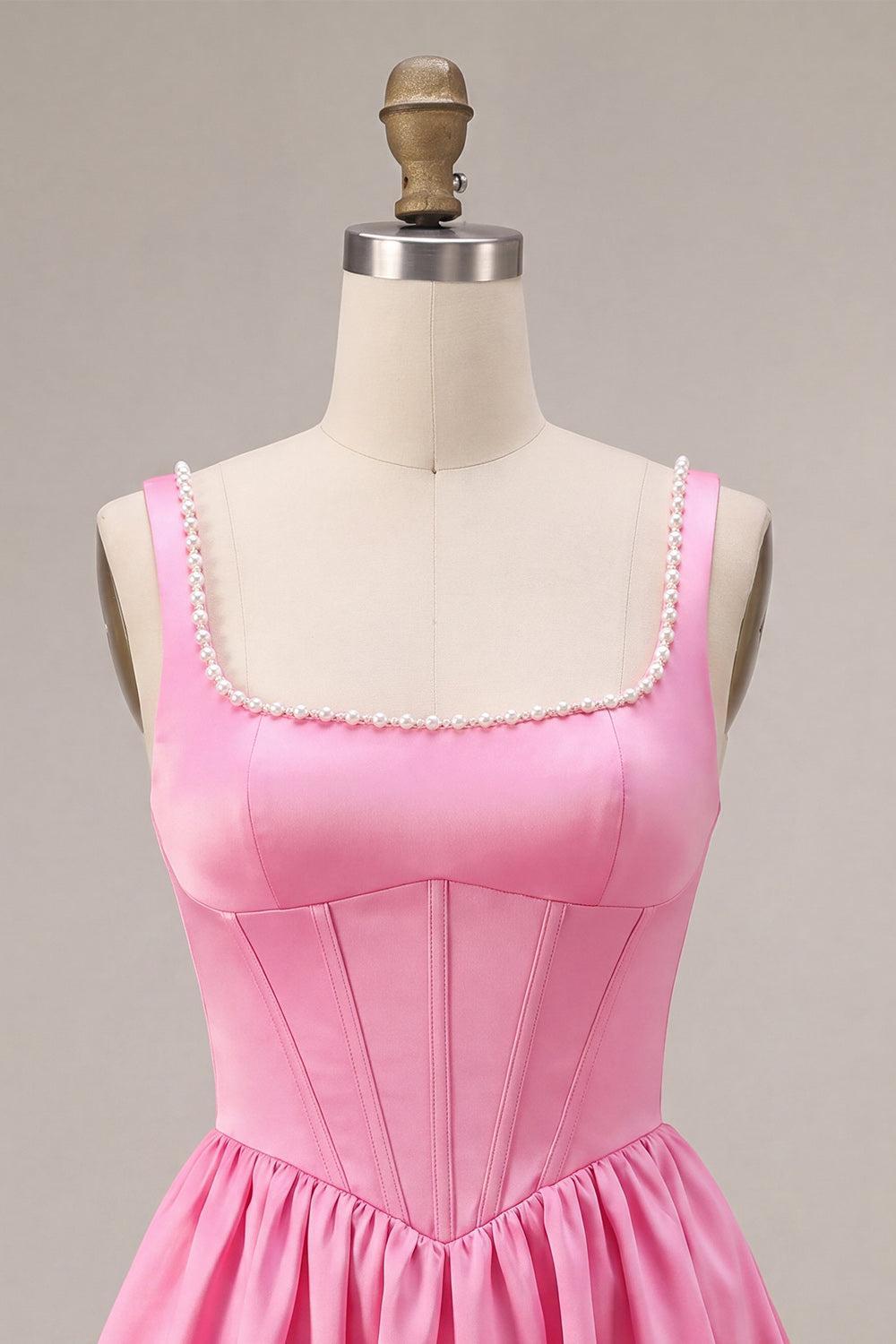 Suzhoufashion Pink Satin A-Line Corset Beaded Short Homecoming Dress