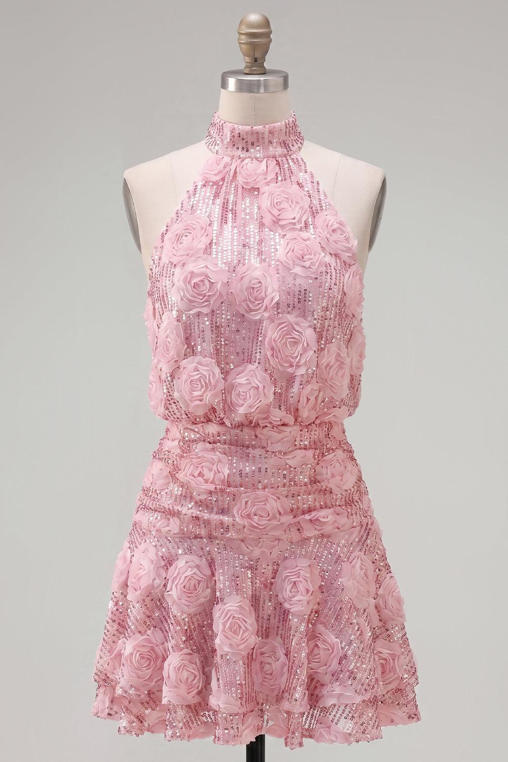 Suzhoufashion Pink Sequin Floral A-Line Short Homecoming Dress with Ruffles