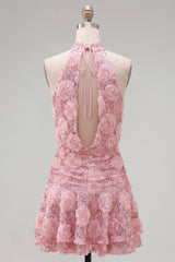 Suzhoufashion Pink Sequin Floral A-Line Short Homecoming Dress with Ruffles