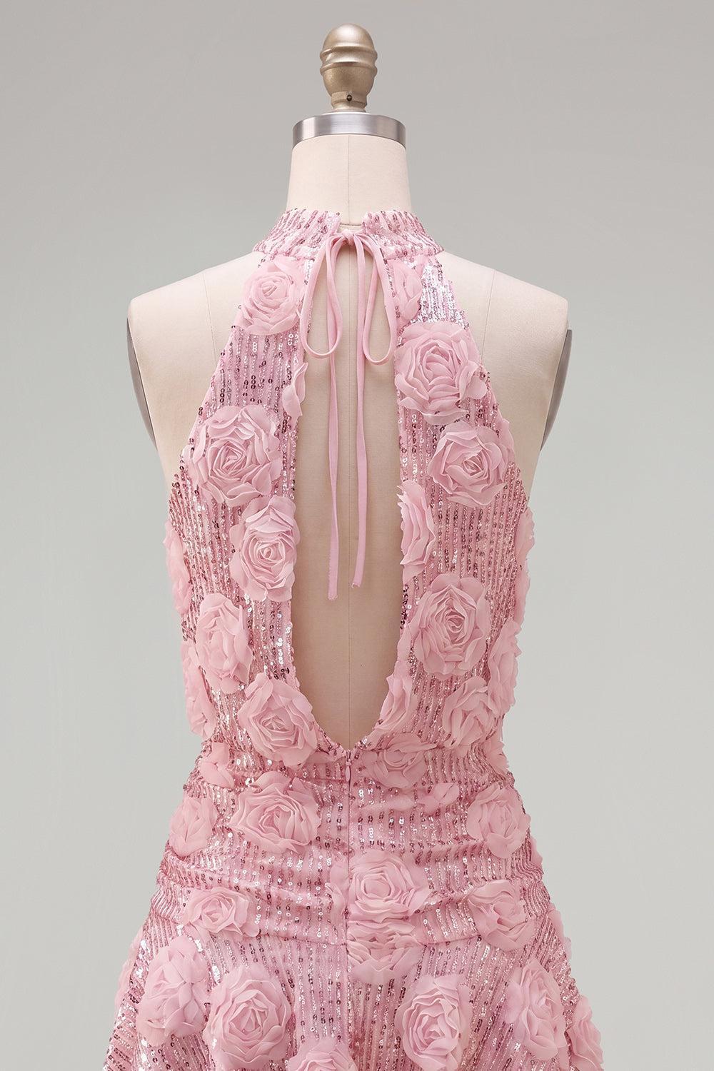 Suzhoufashion Pink Sequin Floral A-Line Short Homecoming Dress with Ruffles