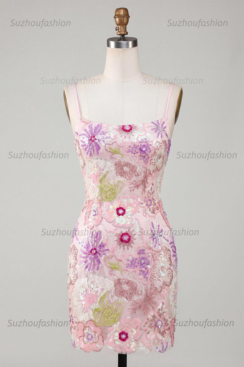 Suzhoufashion Pink Sequin Floral Spaghetti Straps Tight Short Homecoming Dress