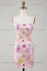 Suzhoufashion Pink Sequin Floral Spaghetti Straps Tight Short Homecoming Dress
