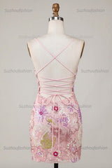 Suzhoufashion Pink Sequin Floral Spaghetti Straps Tight Short Homecoming Dress