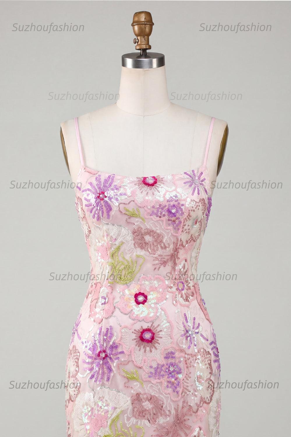 Suzhoufashion Pink Sequin Floral Spaghetti Straps Tight Short Homecoming Dress